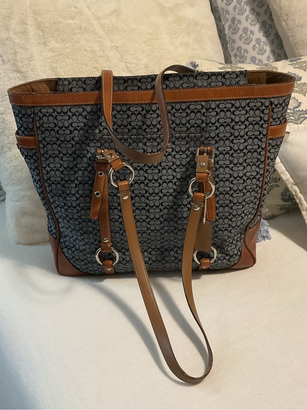 Vintage Coach Gallery Tote Bag Denim Blue with British Tan Leather accents